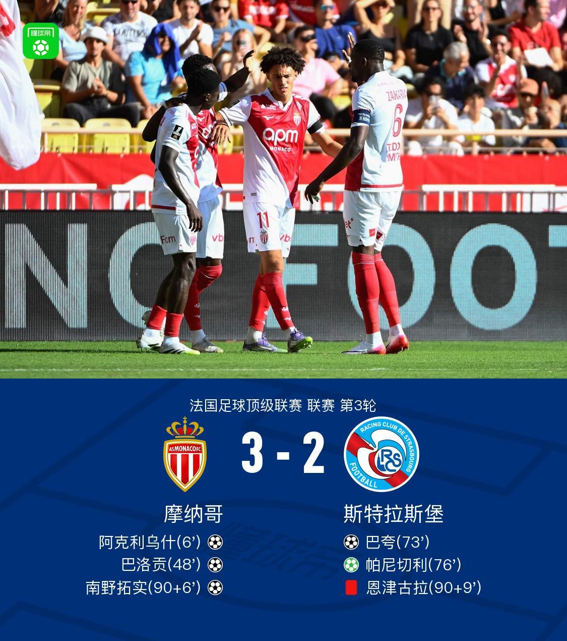 Baccarat-摩纳哥3-2斯特拉斯堡，南野拓实绝杀，巴夸破门+造点